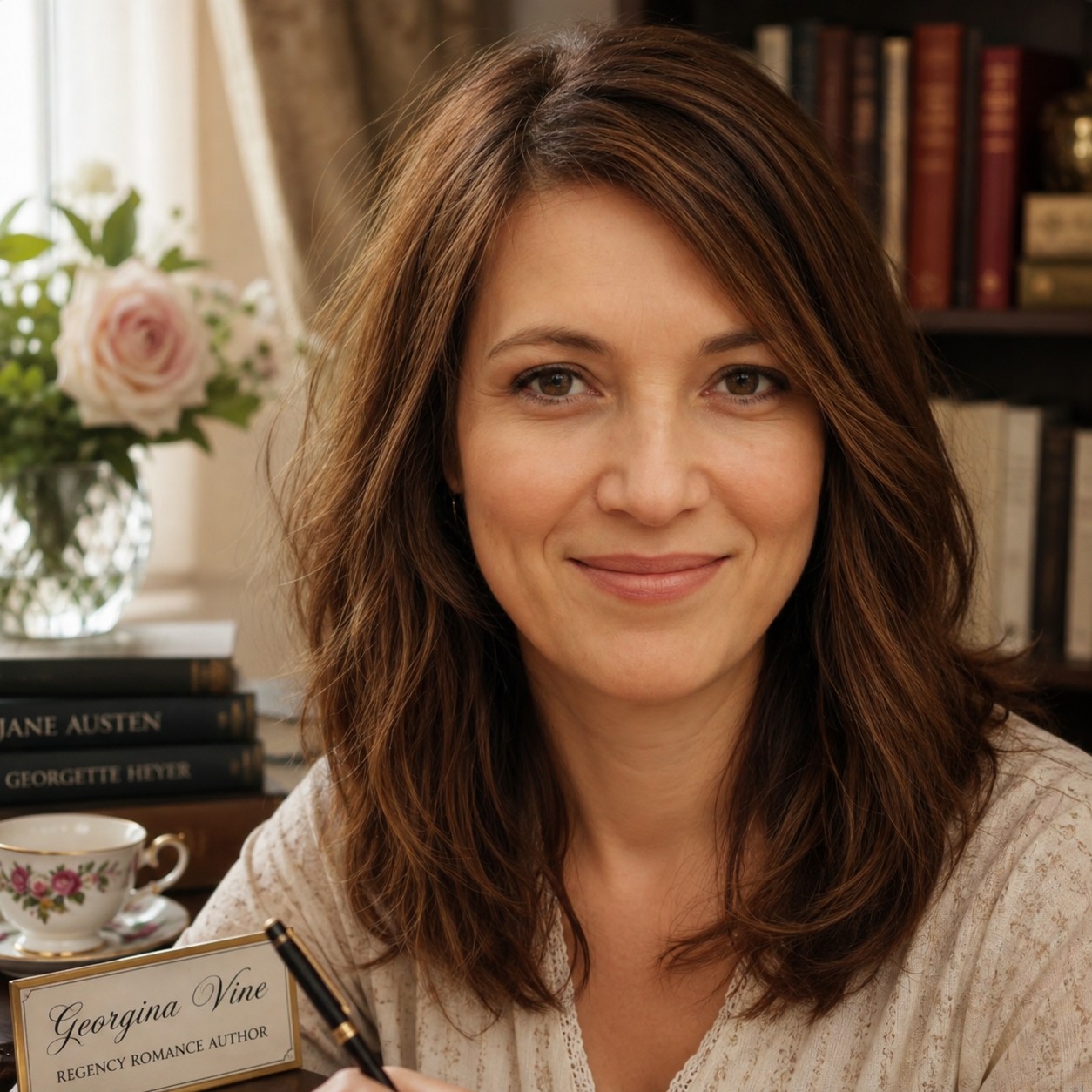 Author Georgina Vine seated in a country house library